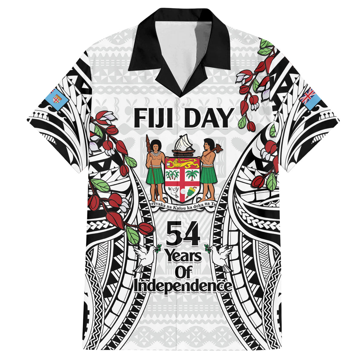 Fiji Day Family Matching Puletasi and Hawaiian Shirt Happy 54 Years Of Independence Tapa Pattern White LT14 Dad's Shirt - Short Sleeve White - Polynesian Pride