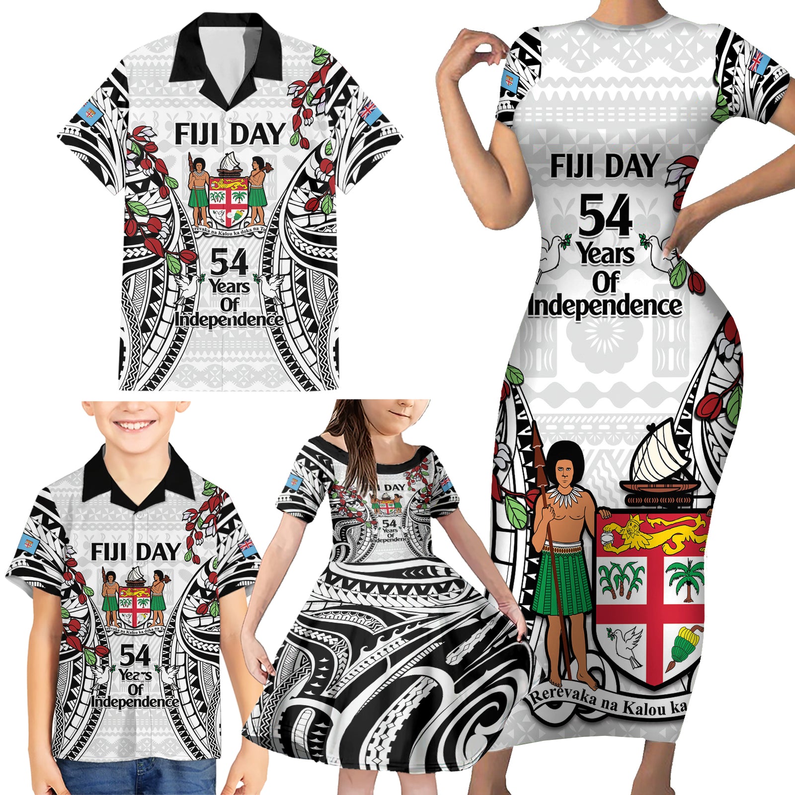 Fiji Day Family Matching Short Sleeve Bodycon Dress and Hawaiian Shirt Happy 54 Years Of Independence Tapa Pattern White LT14 - Polynesian Pride
