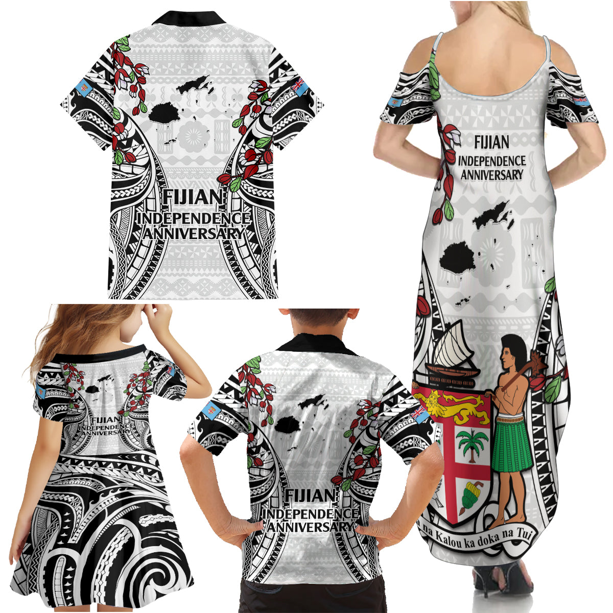 Fiji Day Family Matching Summer Maxi Dress and Hawaiian Shirt Happy 54 Years Of Independence Tapa Pattern White