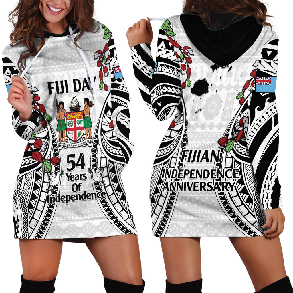 Fiji Day Hoodie Dress Happy 54 Years Of Independence Tapa Pattern White