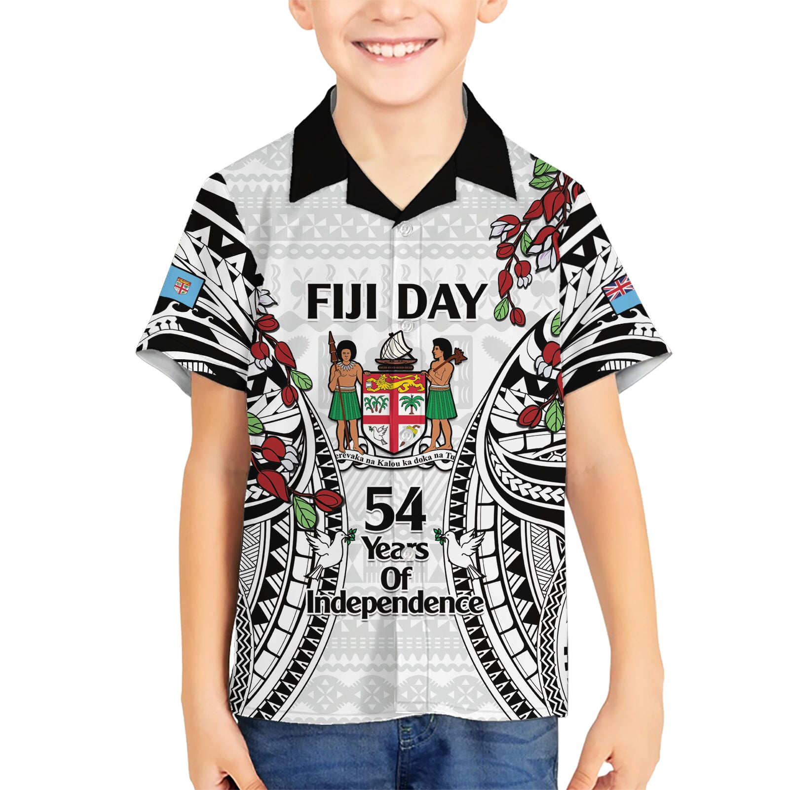 Fiji Day Kid Hawaiian Shirt Happy 54 Years Of Independence Tapa Pattern White