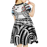 Fiji Day Kid Short Sleeve Dress Happy 54 Years Of Independence Tapa Pattern White