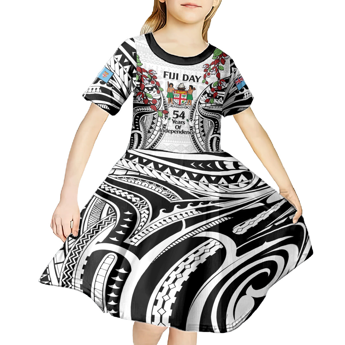 Fiji Day Kid Short Sleeve Dress Happy 54 Years Of Independence Tapa Pattern White