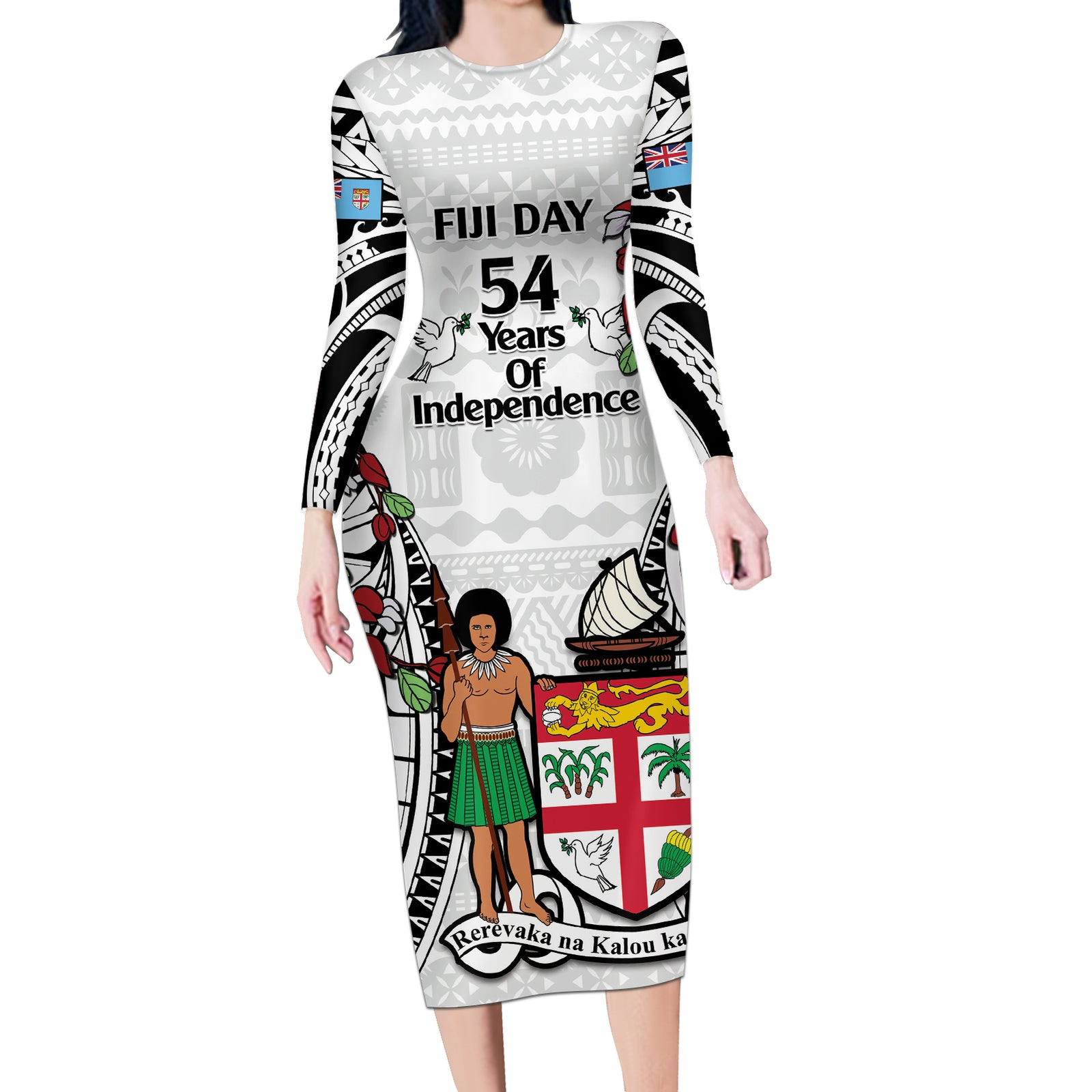 Fiji Day Long Sleeve Bodycon Dress Happy 54 Years Of Independence Tapa Pattern White LT14 Long Dress White - Polynesian Pride