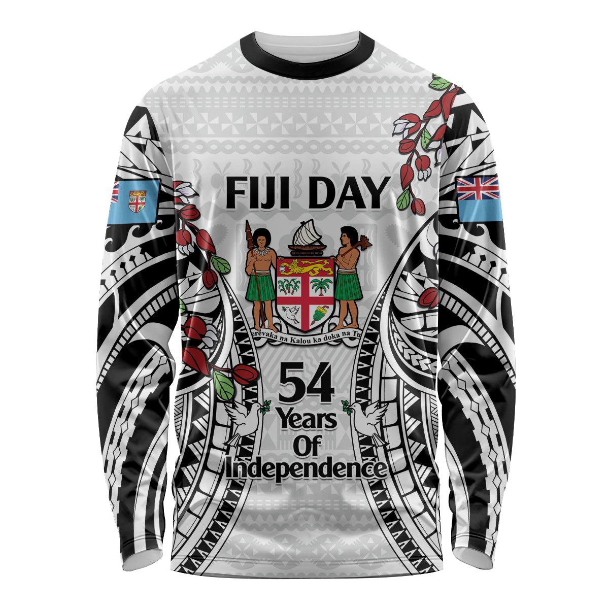 Fiji Day Long Sleeve Shirt Happy 54 Years Of Independence Tapa Pattern White LT14 Unisex White - Polynesian Pride