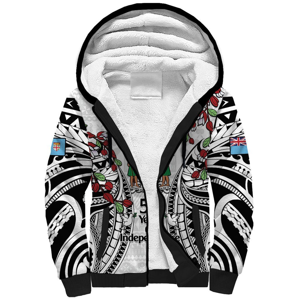 Fiji Day Sherpa Hoodie Happy 54 Years Of Independence Tapa Pattern White LT14 Unisex White - Polynesian Pride