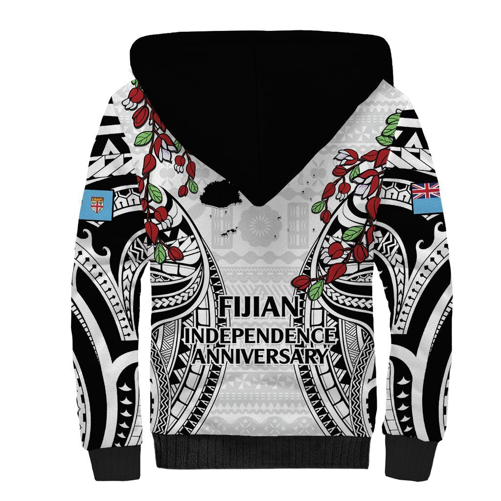 Fiji Day Sherpa Hoodie Happy 54 Years Of Independence Tapa Pattern White LT14 - Polynesian Pride