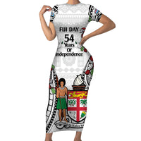 Fiji Day Short Sleeve Bodycon Dress Happy 54 Years Of Independence Tapa Pattern White