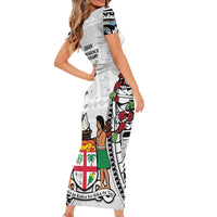 Fiji Day Short Sleeve Bodycon Dress Happy 54 Years Of Independence Tapa Pattern White