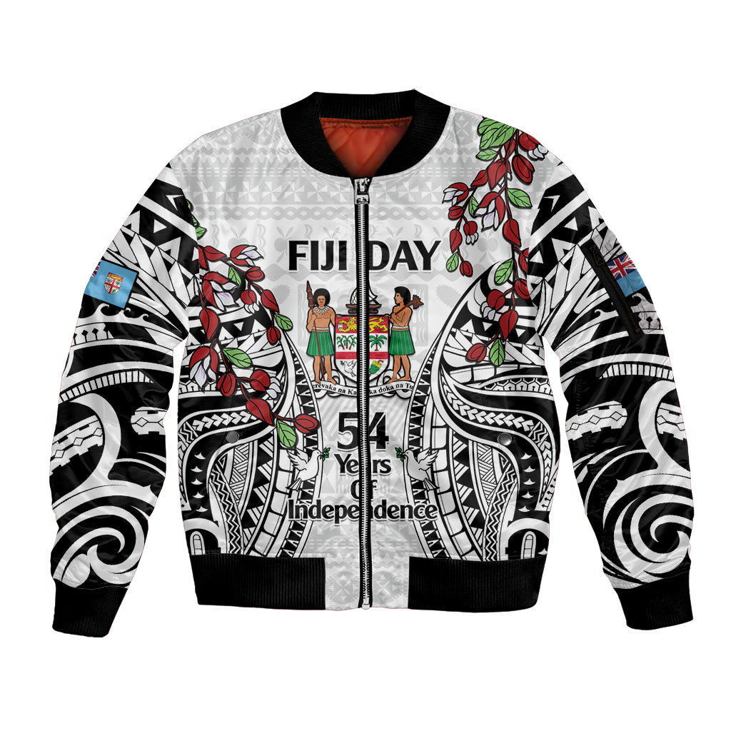 Fiji Day Sleeve Zip Bomber Jacket Happy 54 Years Of Independence Tapa Pattern White LT14 Unisex White - Polynesian Pride