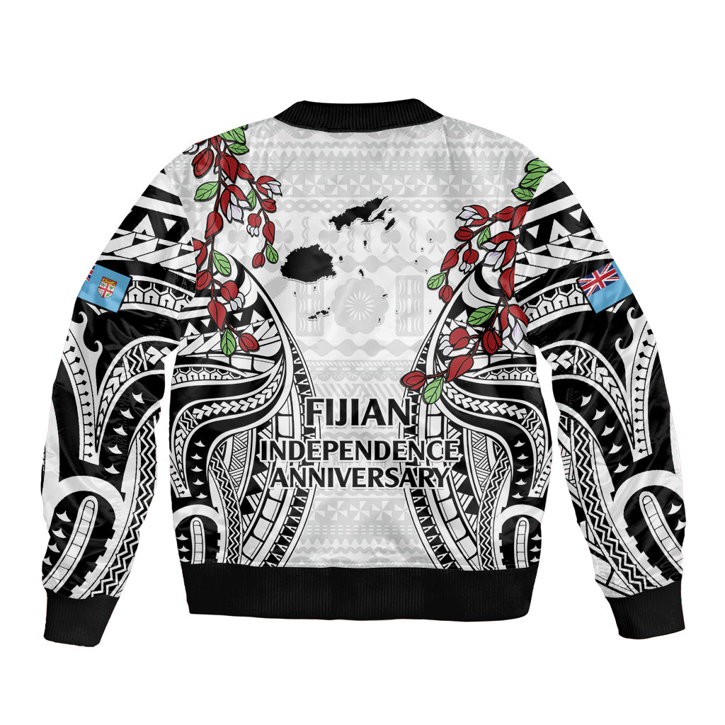 Fiji Day Sleeve Zip Bomber Jacket Happy 54 Years Of Independence Tapa Pattern White