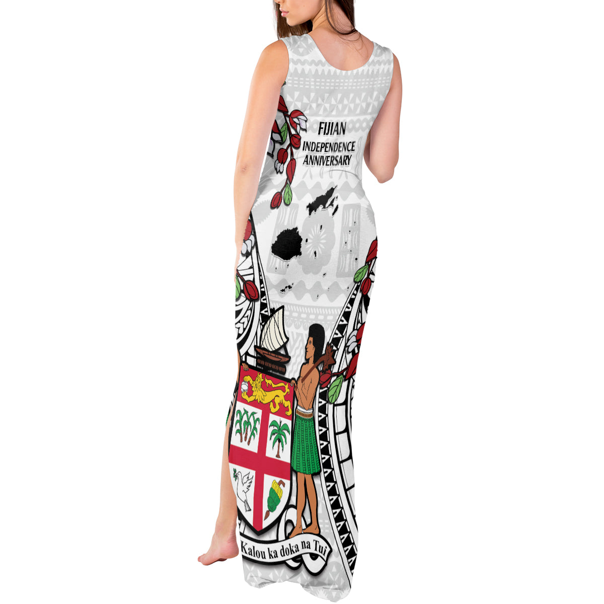 Fiji Day Tank Maxi Dress Happy 54 Years Of Independence Tapa Pattern White