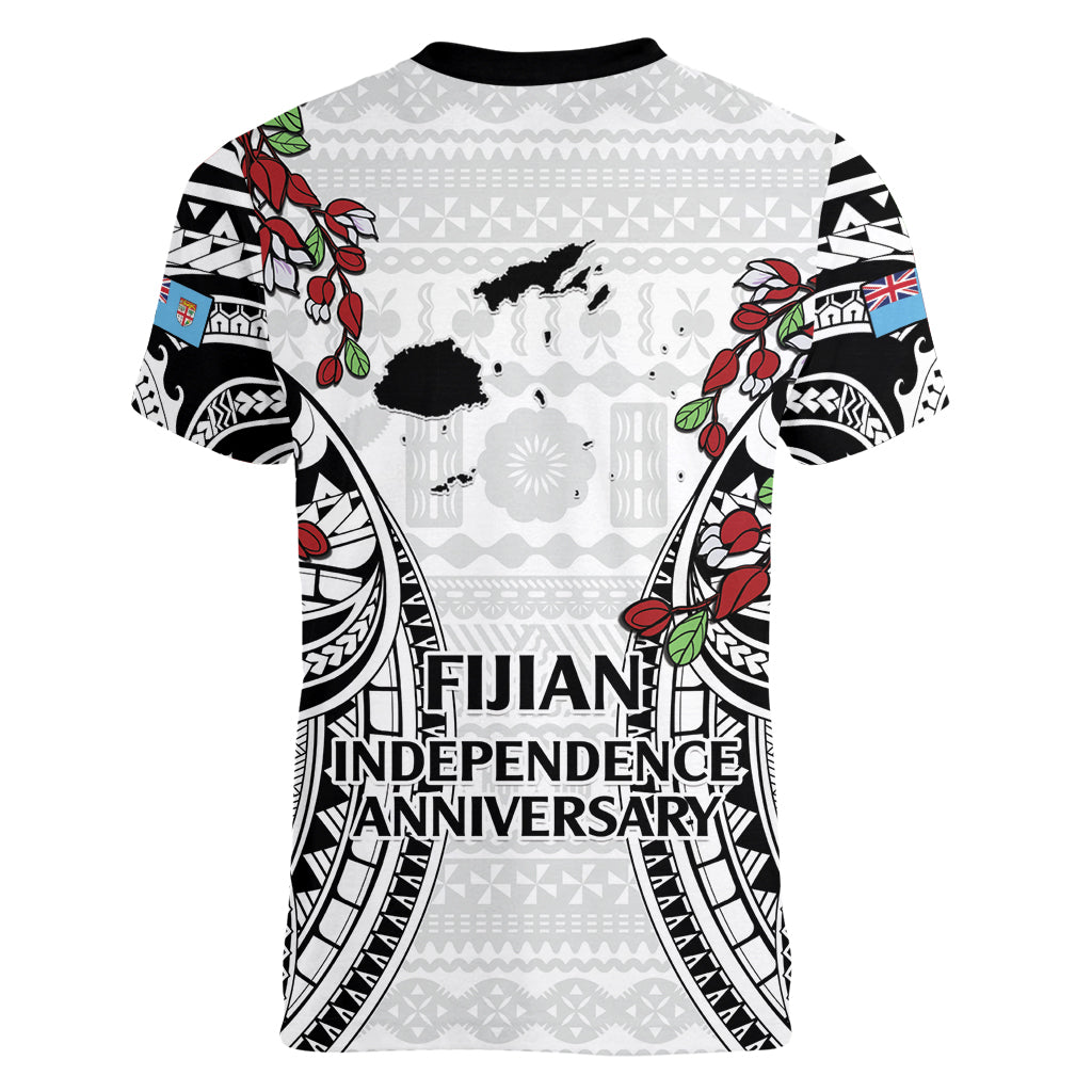 Fiji Day Women V-Neck T-Shirt Happy 54 Years Of Independence Tapa Pattern White