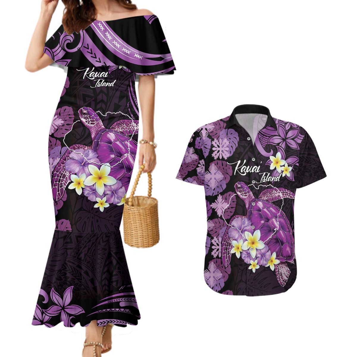 Personalised Aloha Hawaii Kauai Island Couples Matching Mermaid Dress and Hawaiian Shirt Garden Isle Map Sea Turtle Plumeria