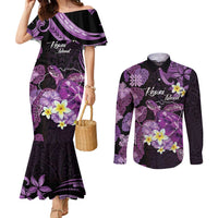Personalised Aloha Hawaii Kauai Island Couples Matching Mermaid Dress and Long Sleeve Button Shirt Garden Isle Map Sea Turtle Plumeria