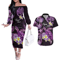 Personalised Aloha Hawaii Kauai Island Couples Matching Off The Shoulder Long Sleeve Dress and Hawaiian Shirt Garden Isle Map Sea Turtle Plumeria