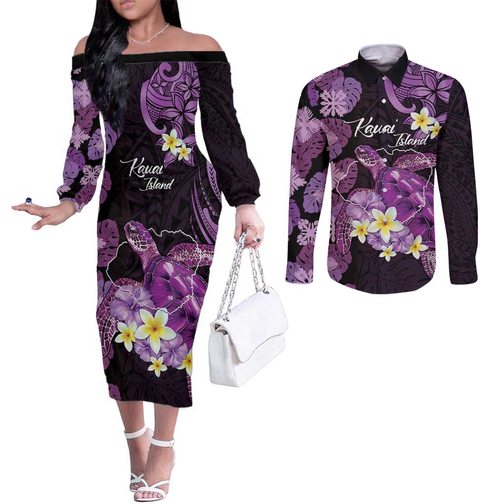 Personalised Aloha Hawaii Kauai Island Couples Matching Off The Shoulder Long Sleeve Dress and Long Sleeve Button Shirt Garden Isle Map Sea Turtle Plumeria