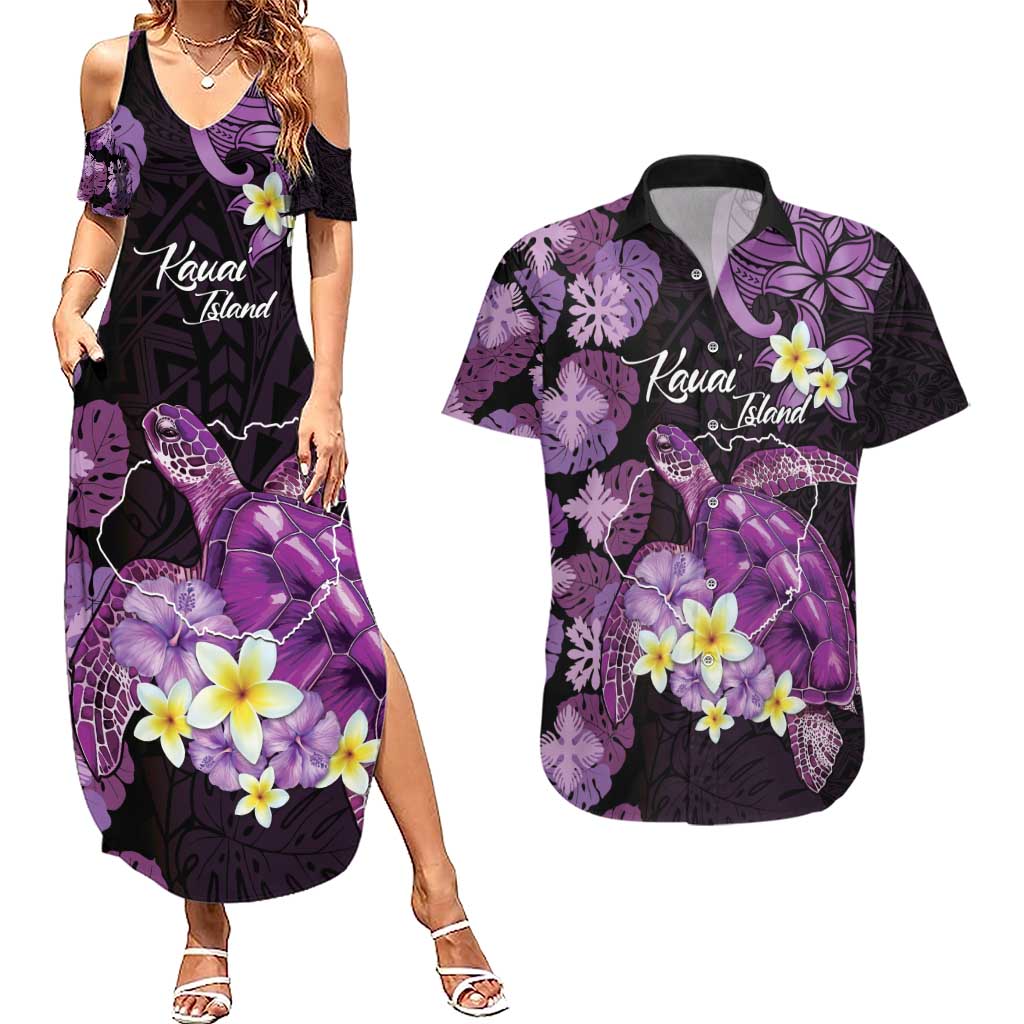 Personalised Aloha Hawaii Kauai Island Couples Matching Summer Maxi Dress and Hawaiian Shirt Garden Isle Map Sea Turtle Plumeria