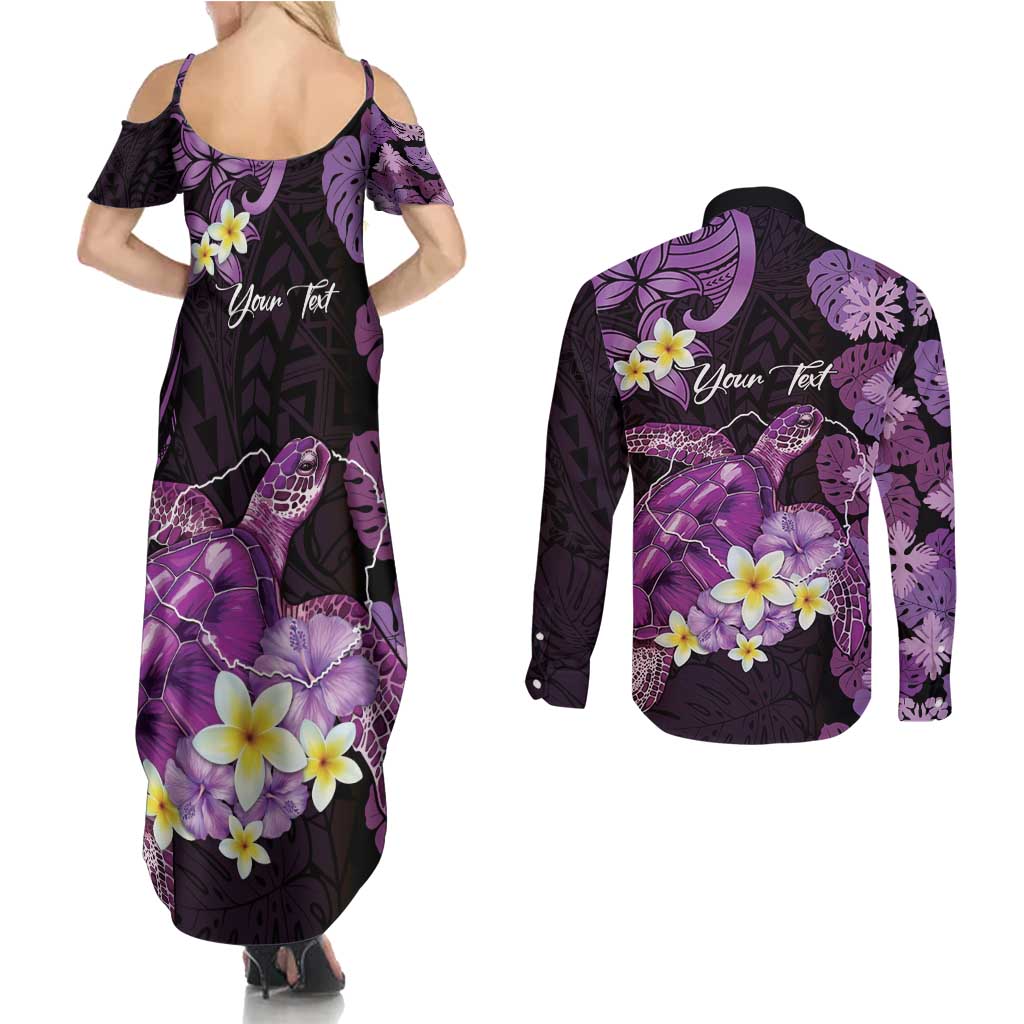Personalised Aloha Hawaii Kauai Island Couples Matching Summer Maxi Dress and Long Sleeve Button Shirt Garden Isle Map Sea Turtle Plumeria