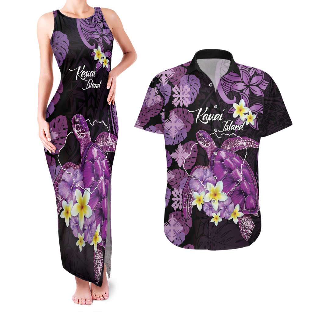 Personalised Aloha Hawaii Kauai Island Couples Matching Tank Maxi Dress and Hawaiian Shirt Garden Isle Map Sea Turtle Plumeria
