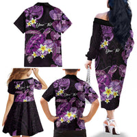 Personalised Aloha Hawaii Kauai Island Family Matching Off The Shoulder Long Sleeve Dress and Hawaiian Shirt Garden Isle Map Sea Turtle Plumeria