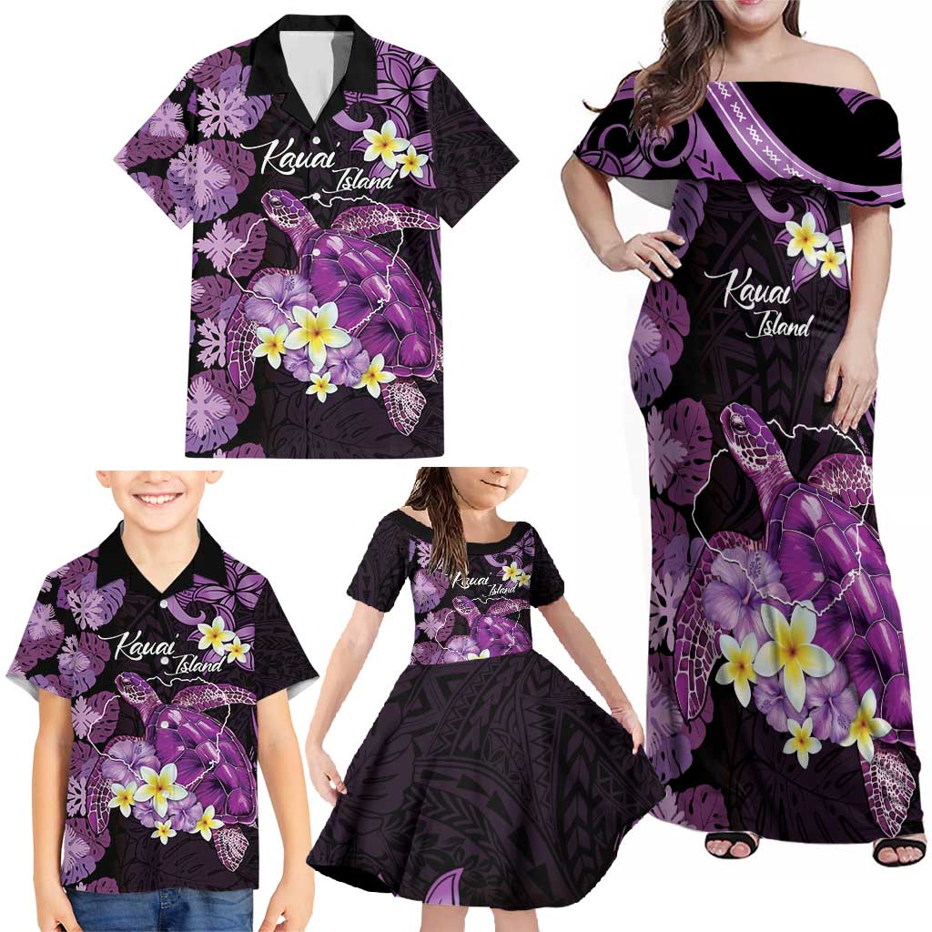 Personalised Aloha Hawaii Kauai Island Family Matching Off Shoulder Maxi Dress and Hawaiian Shirt Garden Isle Map Sea Turtle Plumeria