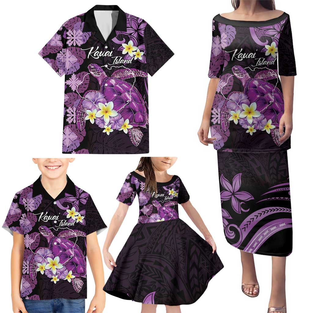 Personalised Aloha Hawaii Kauai Island Family Matching Puletasi and Hawaiian Shirt Garden Isle Map Sea Turtle Plumeria