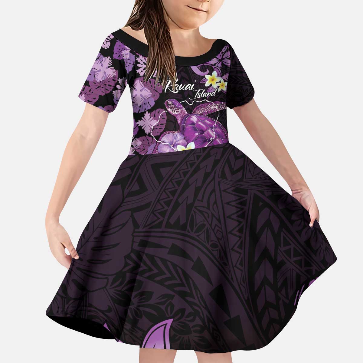 Personalised Aloha Hawaii Kauai Island Kid Short Sleeve Dress Garden Isle Map Sea Turtle Plumeria