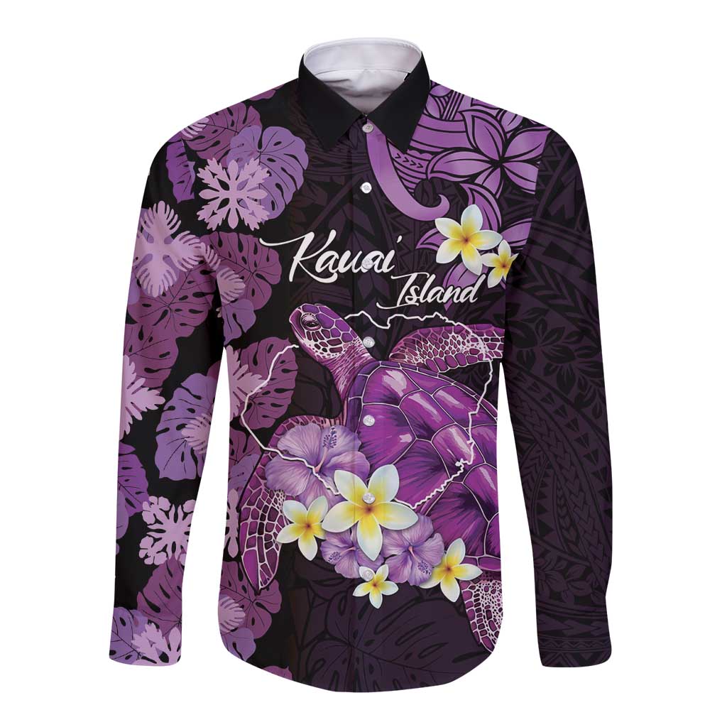 Personalised Aloha Hawaii Kauai Island Long Sleeve Button Shirt Garden Isle Map Sea Turtle Plumeria