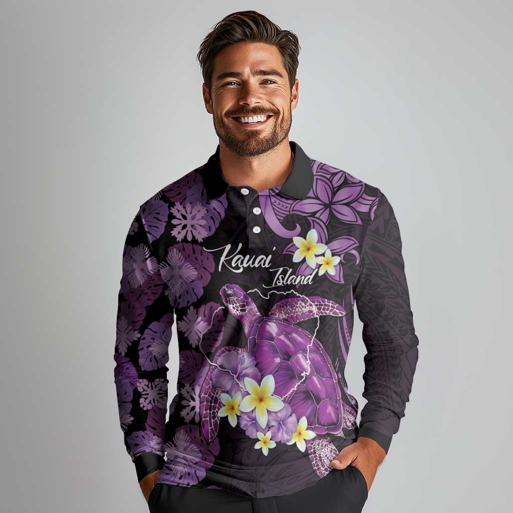 Personalised Aloha Hawaii Kauai Island Long Sleeve Polo Shirt Garden Isle Map Sea Turtle Plumeria
