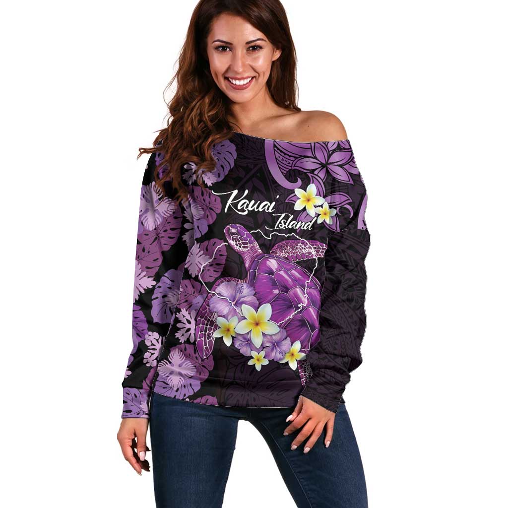 Personalised Aloha Hawaii Kauai Island Off Shoulder Sweater Garden Isle Map Sea Turtle Plumeria