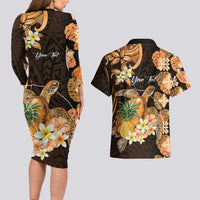 Personalised Aloha Hawaii Lanai Island Couples Matching Long Sleeve Bodycon Dress and Hawaiian Shirt Pineapple Isle Map Sea Turtle Plumeria