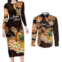 Personalised Aloha Hawaii Lanai Island Couples Matching Long Sleeve Bodycon Dress and Long Sleeve Button Shirt Pineapple Isle Map Sea Turtle Plumeria