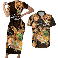 Personalised Aloha Hawaii Lanai Island Couples Matching Short Sleeve Bodycon Dress and Hawaiian Shirt Pineapple Isle Map Sea Turtle Plumeria