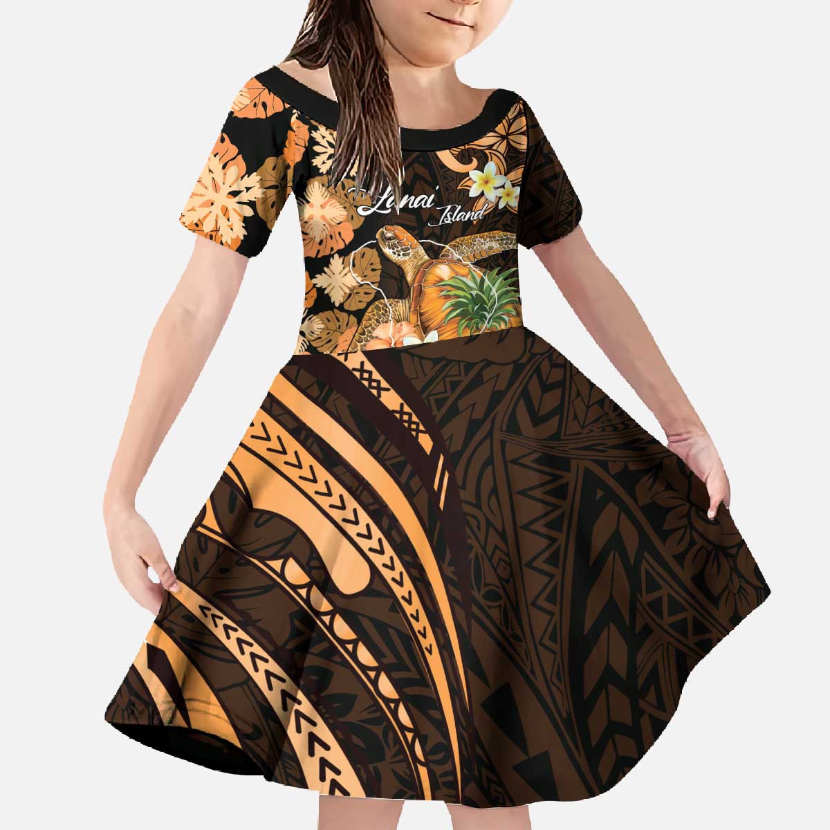 Personalised Aloha Hawaii Lanai Island Family Matching Off The Shoulder Long Sleeve Dress and Hawaiian Shirt Pineapple Isle Map Sea Turtle Plumeria