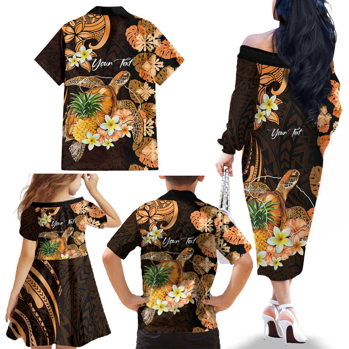 Personalised Aloha Hawaii Lanai Island Family Matching Off The Shoulder Long Sleeve Dress and Hawaiian Shirt Pineapple Isle Map Sea Turtle Plumeria