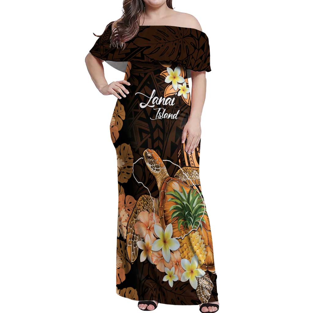 Personalised Aloha Hawaii Lanai Island Off Shoulder Maxi Dress Pineapple Isle Map Sea Turtle Plumeria