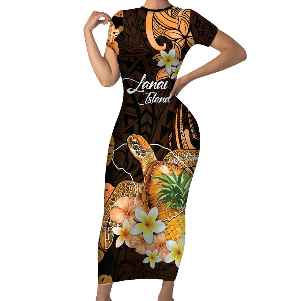 Personalised Aloha Hawaii Lanai Island Short Sleeve Bodycon Dress Pineapple Isle Map Sea Turtle Plumeria