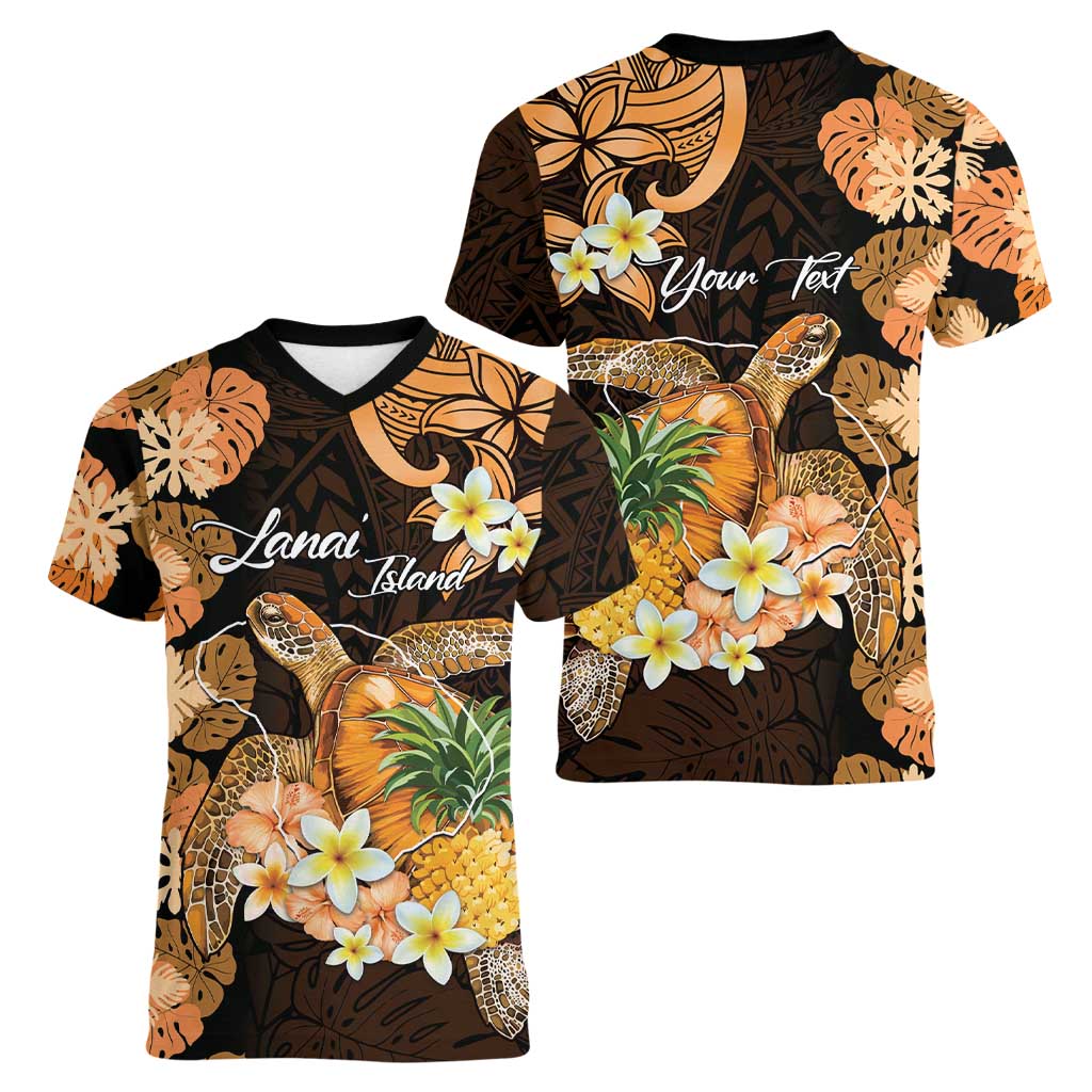 Personalised Aloha Hawaii Lanai Island Women V-Neck T-Shirt Pineapple Isle Map Sea Turtle Plumeria