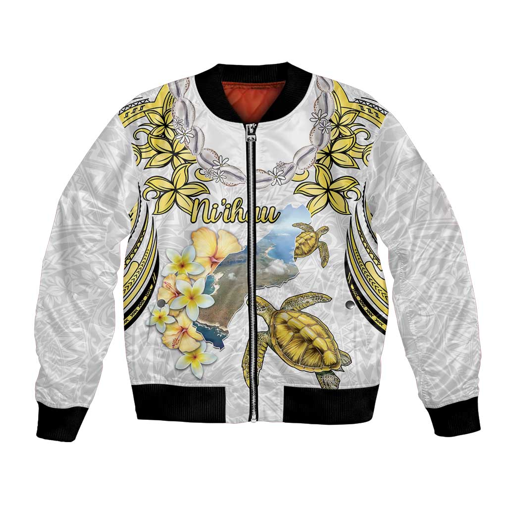 Personalised Aloha Hawaii Niihau Island Bomber Jacket Forbidden Isle Map Shell Lei