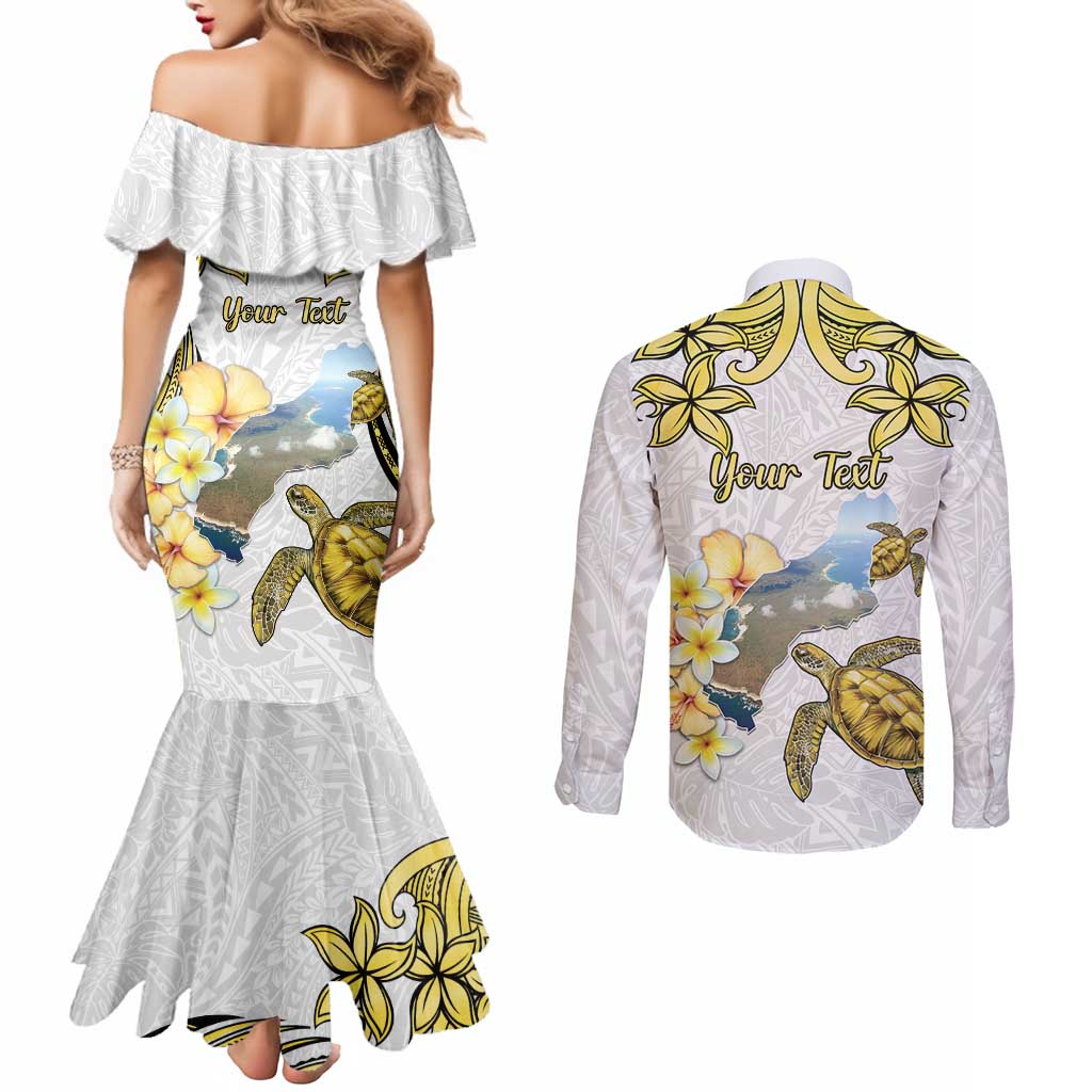 Personalised Aloha Hawaii Niihau Island Couples Matching Mermaid Dress and Long Sleeve Button Shirt Forbidden Isle Map Shell Lei