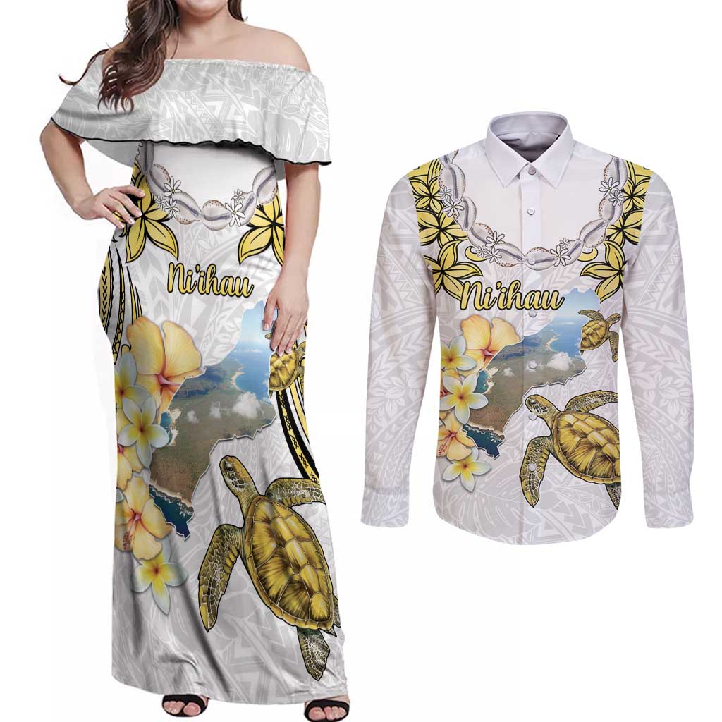 Personalised Aloha Hawaii Niihau Island Couples Matching Off Shoulder Maxi Dress and Long Sleeve Button Shirt Forbidden Isle Map Shell Lei