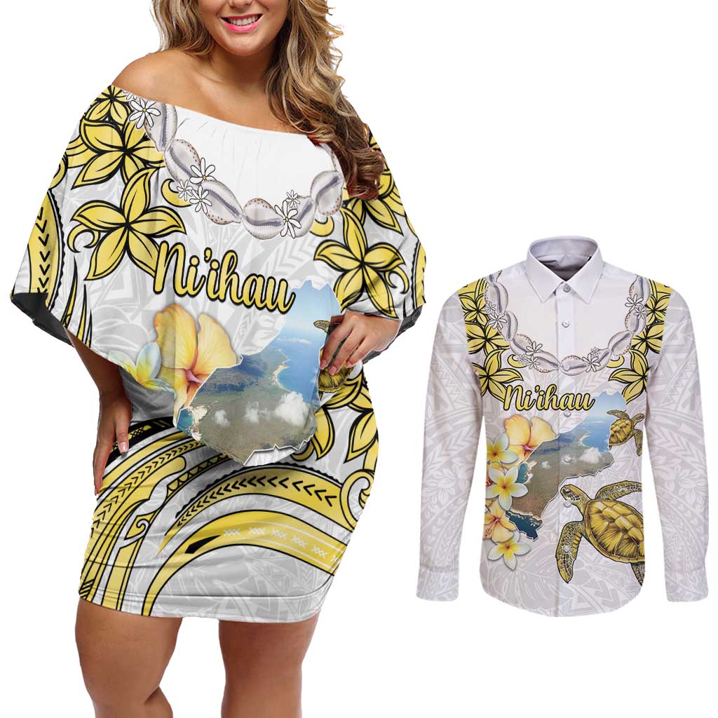 Personalised Aloha Hawaii Niihau Island Couples Matching Off Shoulder Short Dress and Long Sleeve Button Shirt Forbidden Isle Map Shell Lei