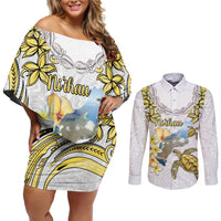 Personalised Aloha Hawaii Niihau Island Couples Matching Off Shoulder Short Dress and Long Sleeve Button Shirt Forbidden Isle Map Shell Lei