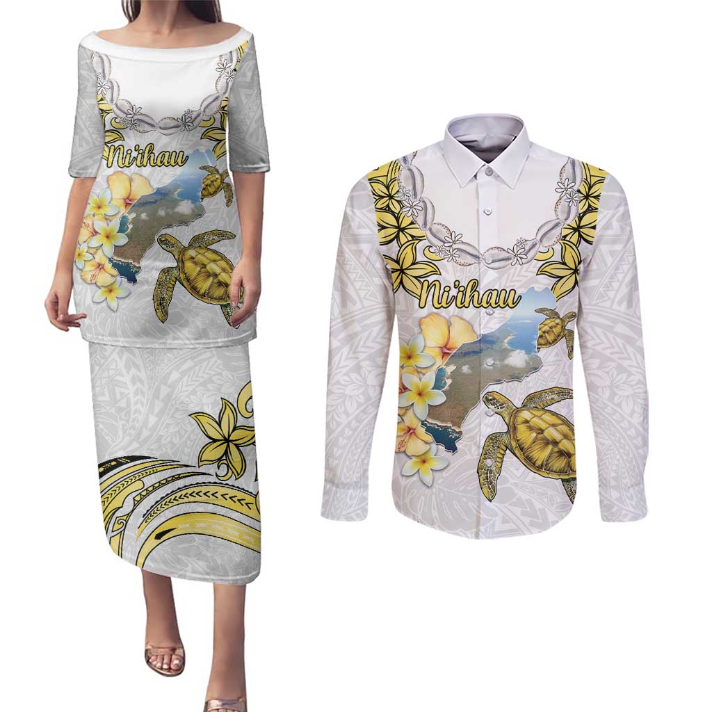 Personalised Aloha Hawaii Niihau Island Couples Matching Puletasi and Long Sleeve Button Shirt Forbidden Isle Map Shell Lei