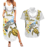 Personalised Aloha Hawaii Niihau Island Couples Matching Summer Maxi Dress and Hawaiian Shirt Forbidden Isle Map Shell Lei