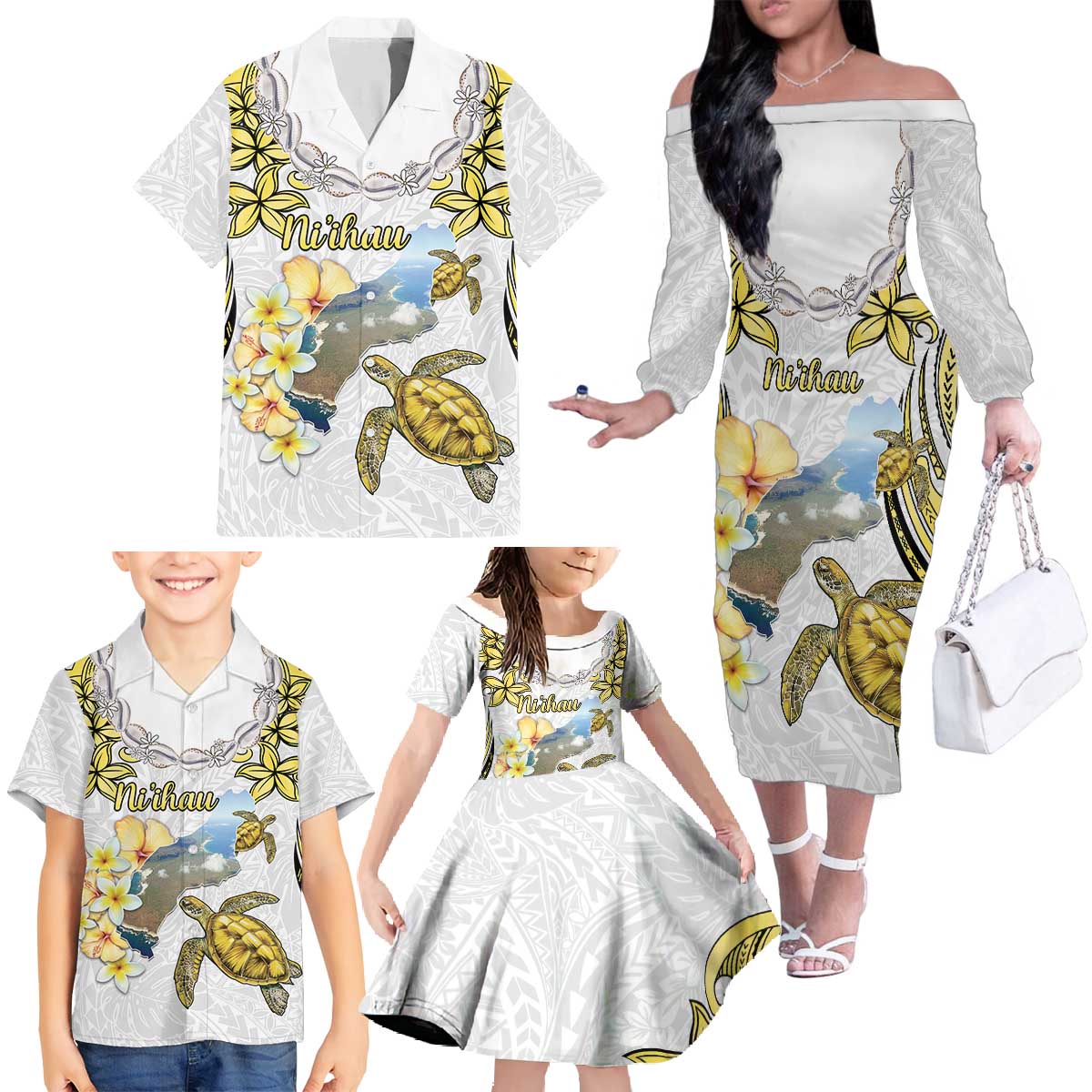 Personalised Aloha Hawaii Niihau Island Family Matching Off The Shoulder Long Sleeve Dress and Hawaiian Shirt Forbidden Isle Map Shell Lei