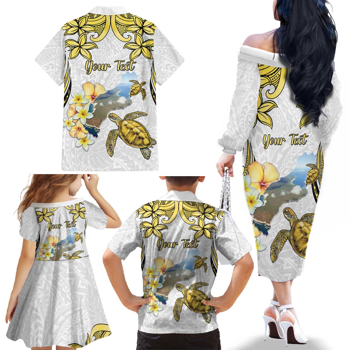 Personalised Aloha Hawaii Niihau Island Family Matching Off The Shoulder Long Sleeve Dress and Hawaiian Shirt Forbidden Isle Map Shell Lei