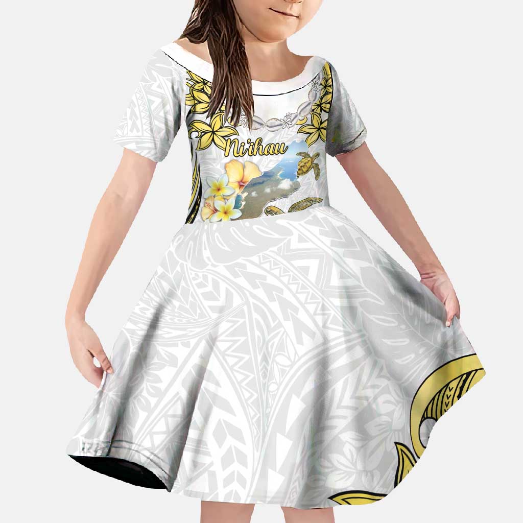Personalised Aloha Hawaii Niihau Island Family Matching Short Sleeve Bodycon Dress and Hawaiian Shirt Forbidden Isle Map Shell Lei LT14 Daughter's Dress Yellow - Polynesian Pride