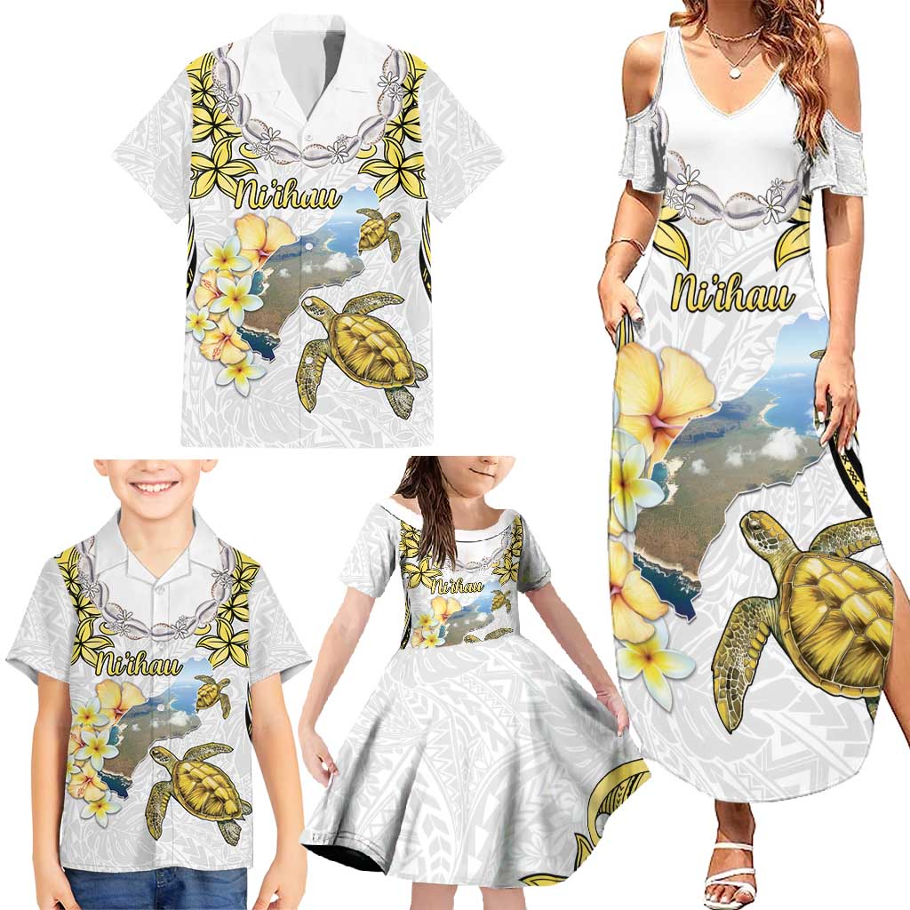 Personalised Aloha Hawaii Niihau Island Family Matching Summer Maxi Dress and Hawaiian Shirt Forbidden Isle Map Shell Lei